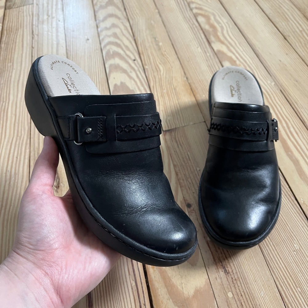 Clarks Collection Ultimate Comfort Black Leather Mules Wedge Clogs Womens‎ 5.5